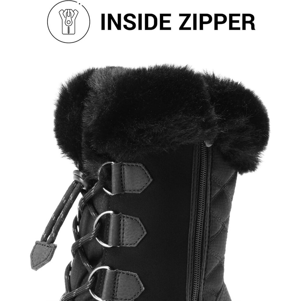 Women’s Black Waterproof Winter Snow Boots Warm Faux Fur Non Slip Mid Calf - Picture 5 of 8